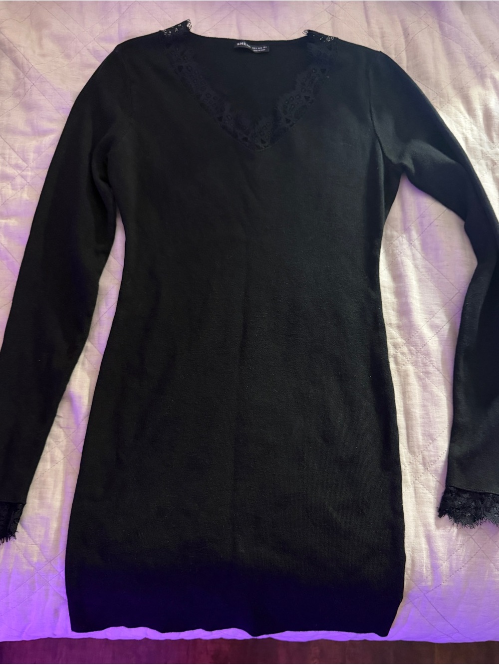 SHEIN Black Long Sleeve V-Neck Sweater Dress with Lace Trim